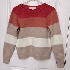 Ann Taylor LOFT Sweater Stripe Tan Coral Cream Pink Eyelash Cozy Warm Fall XS